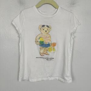 Polo Ralph‎ Lauren Summer Bear Graphic T-Shirt Girls 6 White Cotton Beach Preppy
